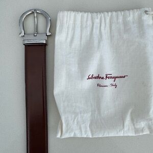Salvatore Ferragamo Dark Brown and Black ReversibLeather Belt with Silver Buckle